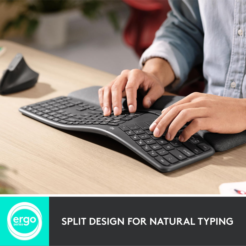 Logitech Ergo K860 Wireless Ergonomic Keyboard - Split Keyboard, Wrist Rest, Natural Typing, Stain-Resistant Fabric, Bluetooth and USB Connectivity, Compatible with Windows/Mac, Black