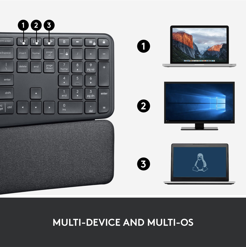 Logitech Ergo K860 Wireless Ergonomic Keyboard - Split Keyboard, Wrist Rest, Natural Typing, Stain-Resistant Fabric, Bluetooth and USB Connectivity, Compatible with Windows/Mac, Black