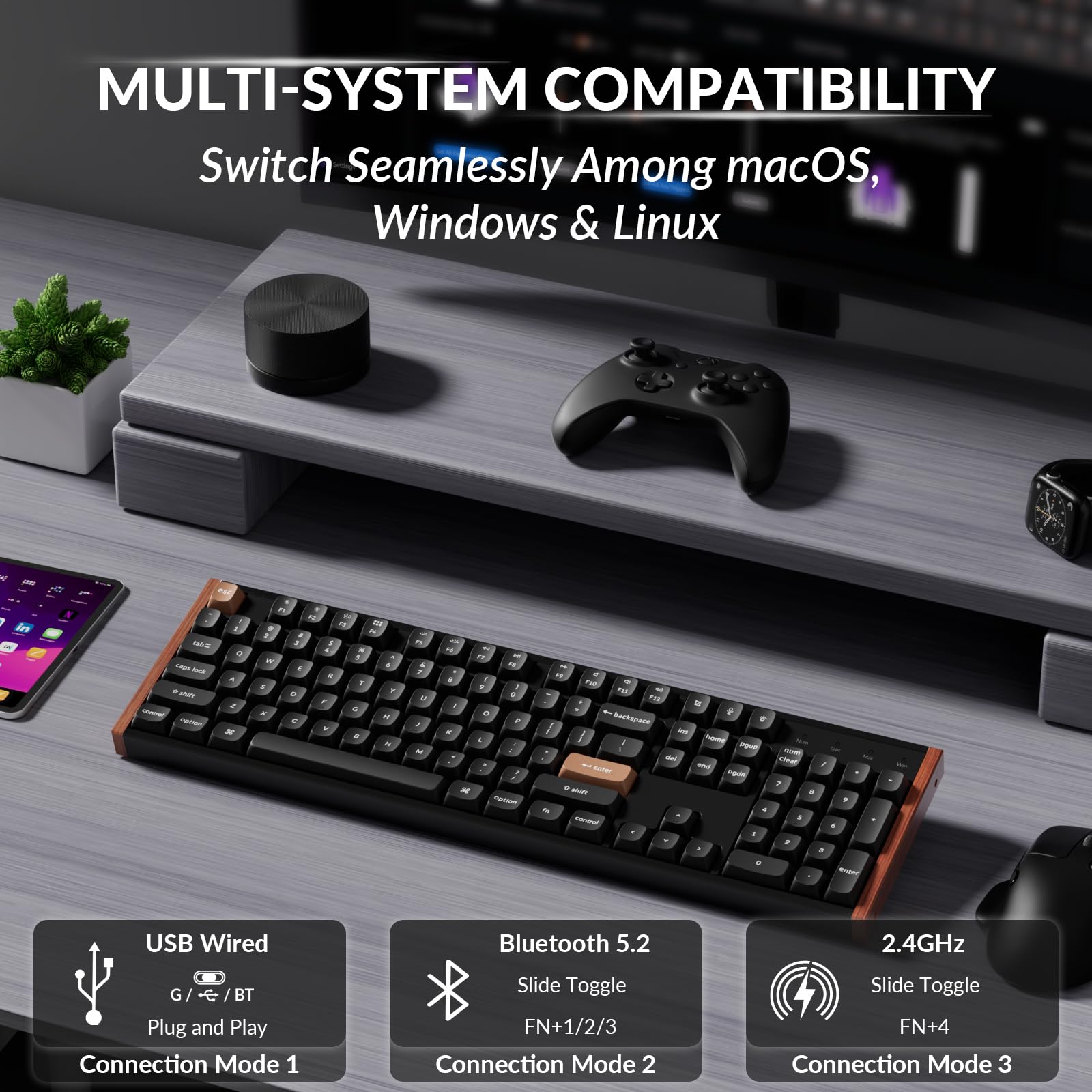 Keychron K10 HE Hall Effect Keyboard, Gateron Double-Rail Nebula Magnetic Switch, Full-Size Tri-Mode Wireless Keyboard with Rapid Trigger, Adjustable Actuation, RGB, Aluminum + Wood Frame - Black