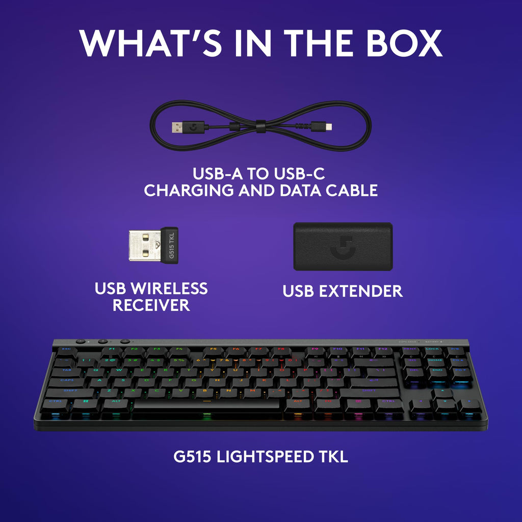 Logitech G515 Lightspeed TKL Low Profile Wireless Gaming Keyboard, LIGHTSYNC RGB, Thin Tenkeyless Design, PBT Keycaps, Tactile (Brown) Mechanical Switches - Black
