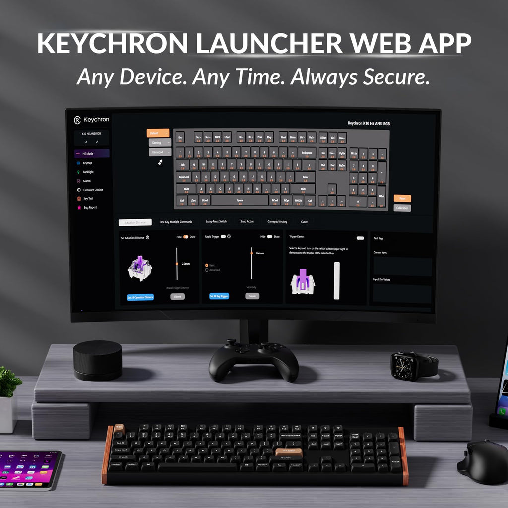 Keychron K10 HE Hall Effect Keyboard, Gateron Double-Rail Nebula Magnetic Switch, Full-Size Tri-Mode Wireless Keyboard with Rapid Trigger, Adjustable Actuation, RGB, Aluminum + Wood Frame - Black