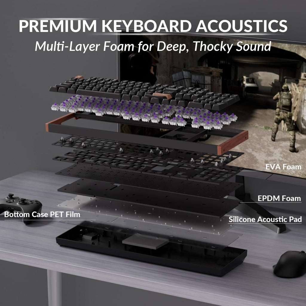 Keychron K10 HE Hall Effect Keyboard, Gateron Double-Rail Nebula Magnetic Switch, Full-Size Tri-Mode Wireless Keyboard with Rapid Trigger, Adjustable Actuation, RGB, Aluminum + Wood Frame - Black