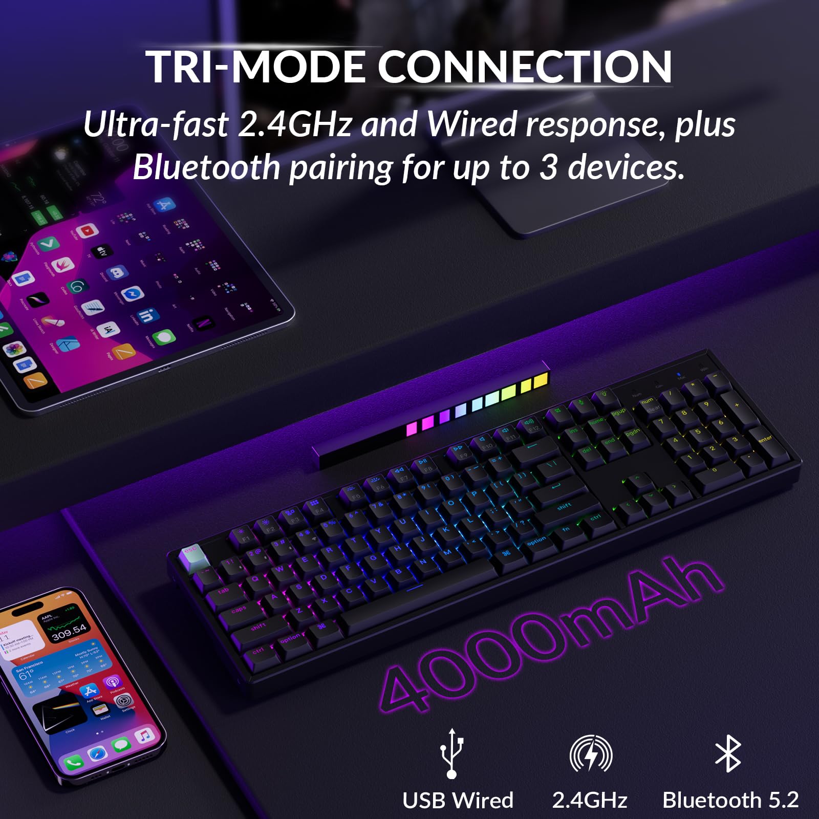 Keychron K10 HE Rapid Trigger Gaming Keyboard Wireless, Hall Effect Magnetic Switch Hot Swappable, 2.4 GHz/Bluetooth/Wired Adjustable Actuation, Full-Size Custom RGB for Mac Windows Linux