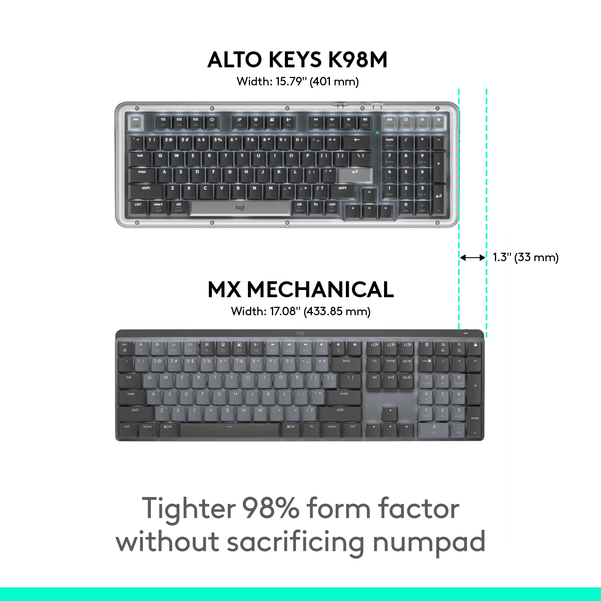 Logitech Alto Keys K98M Wireless Mechanical Clicky Keyboard, Customizable Keyboard with Vibration Absorbing Gasket, Backlit Keys, Bluetooth, USB-C Charging, for PC, Mac, Laptops - Graphite