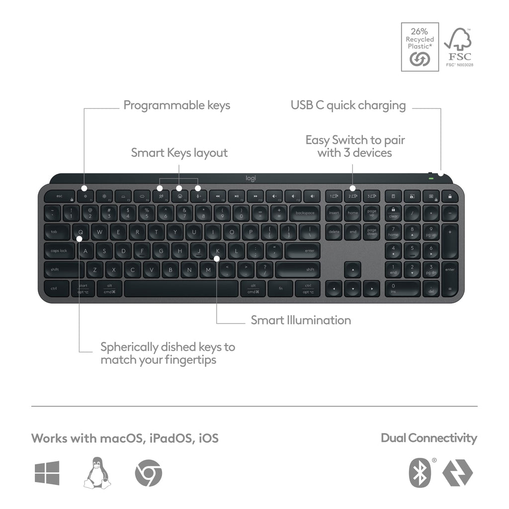 Logitech MX Keys S Wireless Keyboard, Low Profile, Fluid Precise Quiet Typing, Programmable Keys, Backlighting, Bluetooth, USB C Rechargeable, for Windows PC, Linux, Chrome, Mac - Graphite