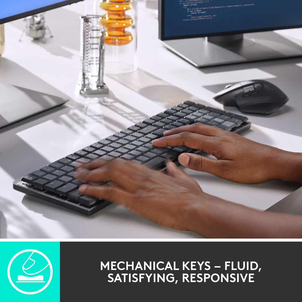 Logitech MX Mechanical Wireless Illuminated Performance Keyboard, Tactile Quiet Switches, Backlit Keys, Bluetooth, USB-C, macOS, Windows, Linux, iOS, Android, Metal, ‎Graphite