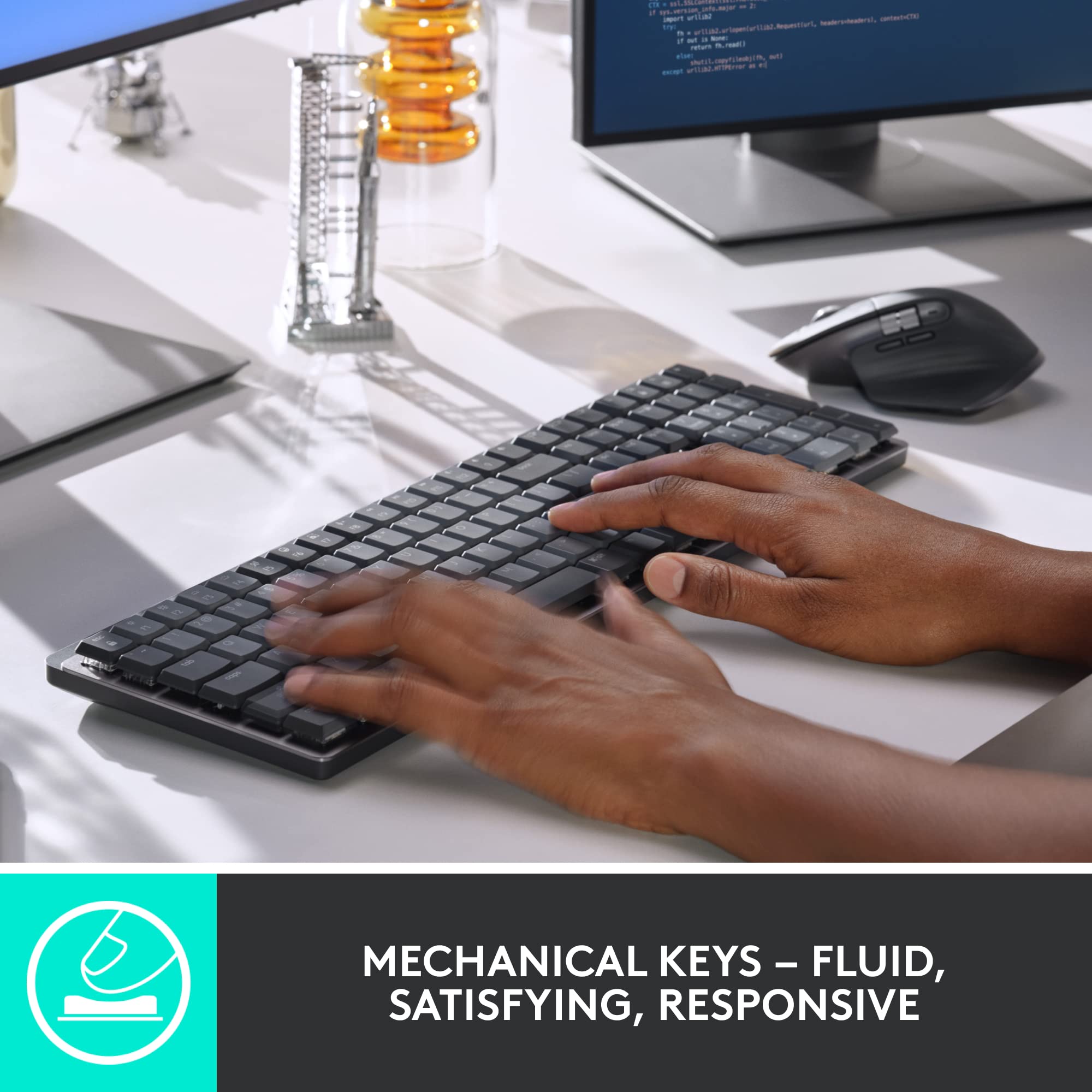 Logitech MX Mechanical Wireless Illuminated Performance Keyboard, Tactile Quiet Switches, Backlit Keys, Bluetooth, USB-C, macOS, Windows, Linux, iOS, Android, Metal, ‎Graphite