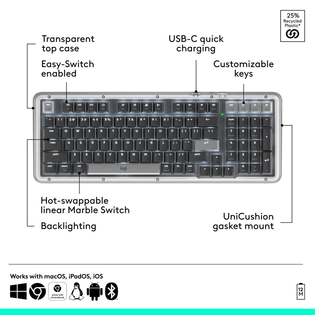 Logitech Alto Keys K98M Wireless Mechanical Clicky Keyboard, Customizable Keyboard with Vibration Absorbing Gasket, Backlit Keys, Bluetooth, USB-C Charging, for PC, Mac, Laptops - Graphite