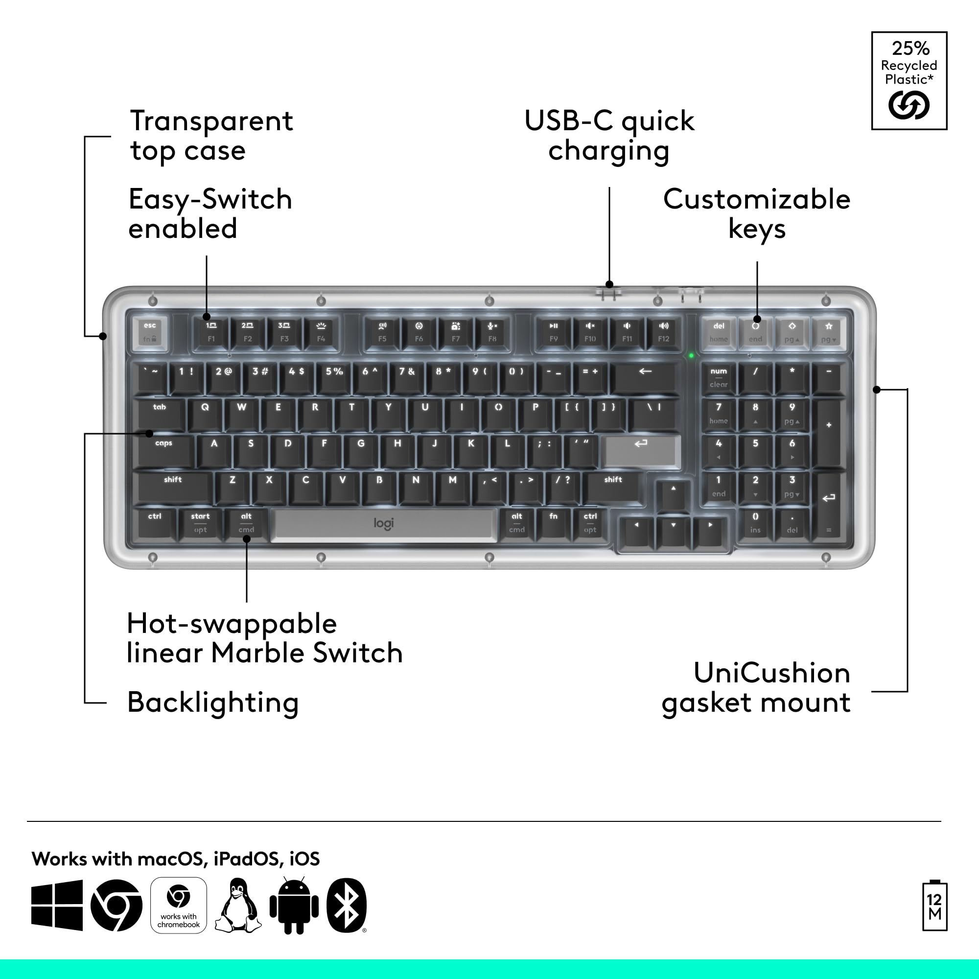 Logitech Alto Keys K98M Wireless Mechanical Clicky Keyboard, Customizable Keyboard with Vibration Absorbing Gasket, Backlit Keys, Bluetooth, USB-C Charging, for PC, Mac, Laptops - Graphite
